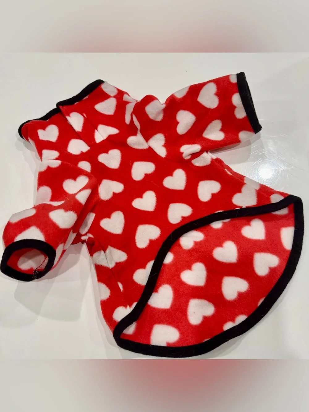 Cozy Red & White Heart Long Sleeves Fleece Dog Outfit with Black Trims